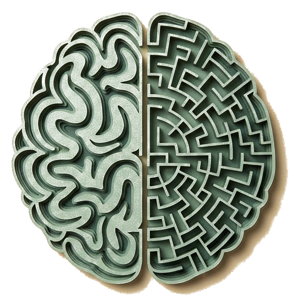 A paper-cut illustration of a brain: organic folds on one hemisphere, a logic maze on the other